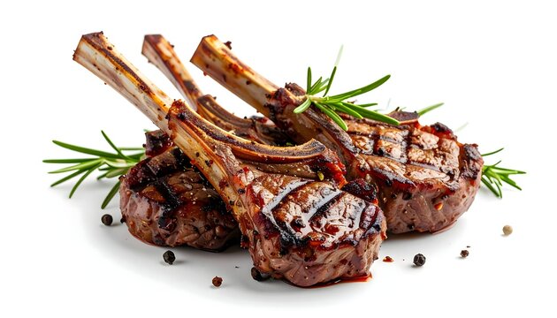 Three perfectly grilled lamb chops with visible grill marks, garnished with fresh rosemary sprigs and black peppercorns on a clean white background.