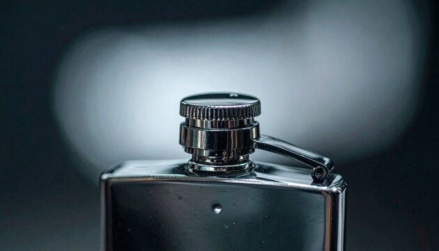 Close up of a polished metal flask with a ribbed cap and hinged lid silver stainless steel