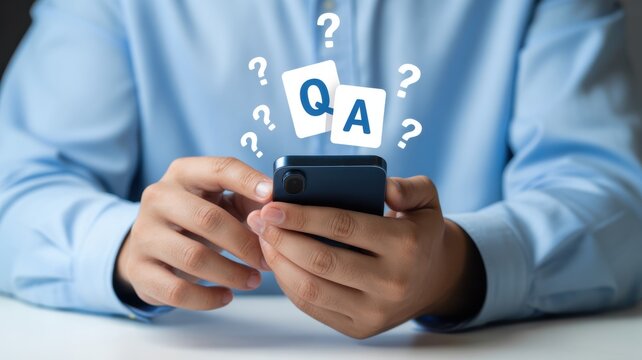 Man in blue shirt holding smartphone with floating question marks and qa text