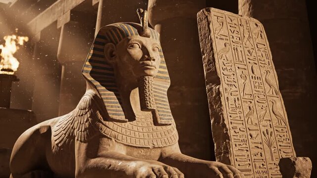 Ancient Egyptian sphinx and hieroglyphs highlighting geometric patterns and contemporary art
