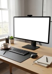 Fototapeta premium A modern and minimalist home office desk setup with a large monitor, keyboard, mouse, coffee, and plant, bathed in natural light from a window.