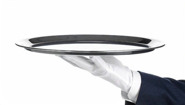 Elegant hand in white glove holding silver tray against a white background