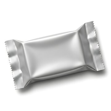 A silver foil wrapped candy bar resting on a plain background.