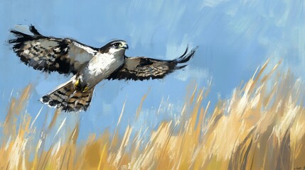 Fototapeta premium Majestic Bird of Prey in Flight over Golden Grassy Field