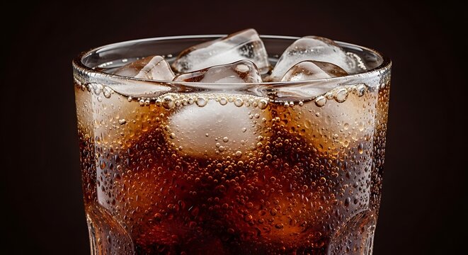 Refreshing cola soda with ice cubes in glass, fizzy carbonated beverage with bubbles, cold soft drink on dark background
