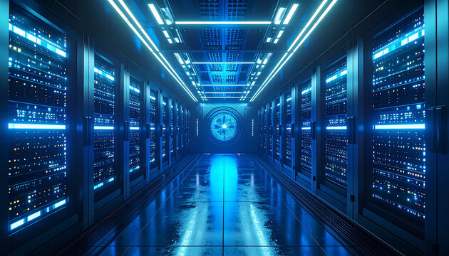 The Vault- A high-tech server room with glowing blue status lights.