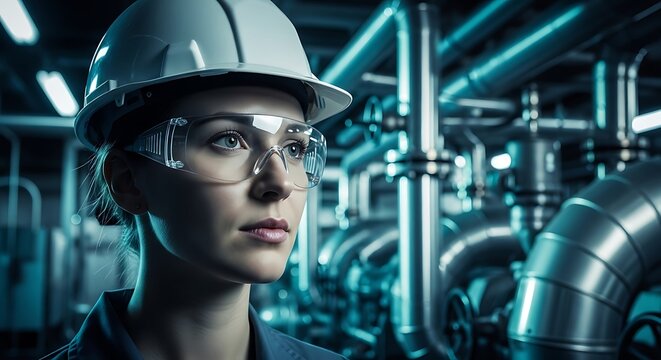 Female engineer wearing safety goggles and hard hat in a modern manufacturing facility with complex piping. This image is ideal for corporate industrial brochures and technical training manuals.