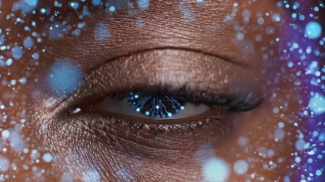 Human eye with digital circuit pattern ideal for tech startups and software promos