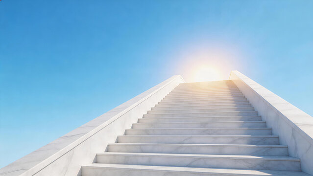 Minimalist white marble staircase leading up to bright light against blue sky, business success and future concept.