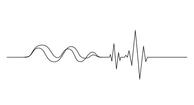 Minimalist heartbeat line illustration, black pulse wave on white background, medical EKG heart rate monitor graphic, cardiogram signal art