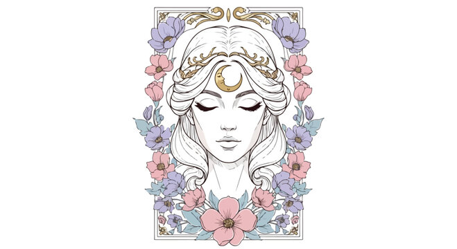 Celestial moon goddess vector illustration, mystical woman portrait with floral frame, esoteric tarot card aesthetic with gold crescent and flowers