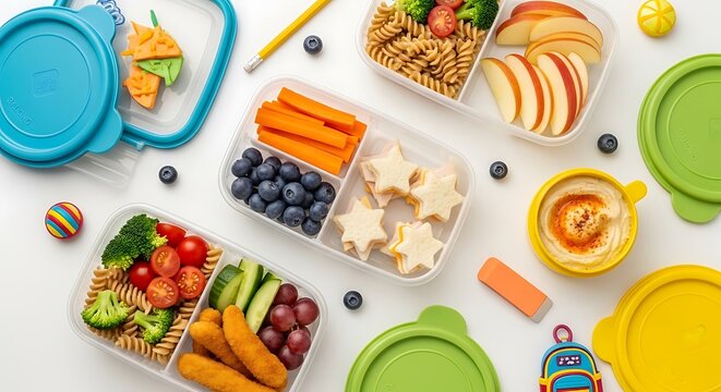 Healthy school lunch box containers with nutritious snacks, flat lay of bento boxes with pasta and fruit, colorful kids meal prep on white background