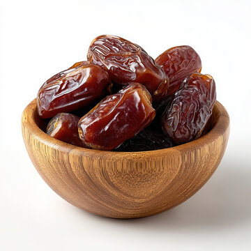 A cluster of sweet dark brown dried dates filling a small round wooden bowl on white