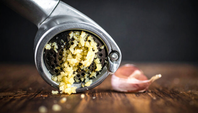 Garlic press with crushed garlic and a single garlic clove on wood crusher kitchen