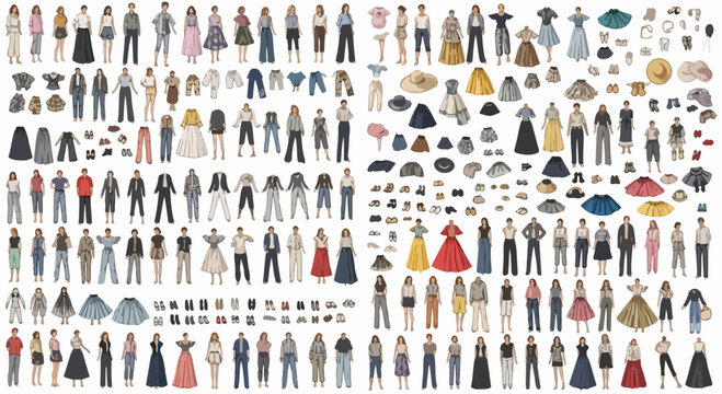 Vintage fashion paper doll set, retro hand drawn people characters with clothing accessories, diverse illustrated human figures in mid-century outfits
