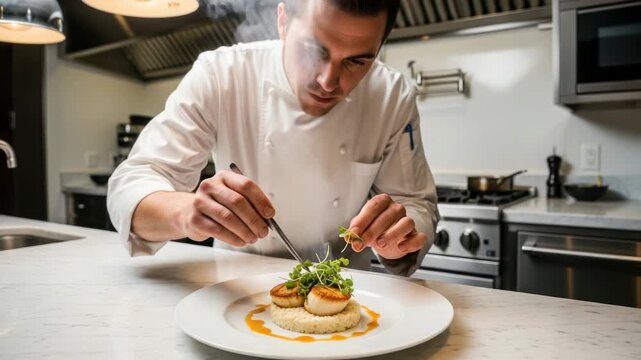 Chef meticulously plates seared scallops with microgreens in a modern kitchen, culinary excellence