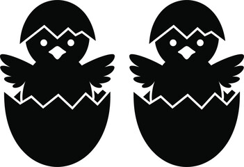 Cute chick hatching from egg silhouette, baby bird icon set, simple black animal illustration © Kaiyum
