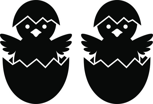 Cute chick hatching from egg silhouette, baby bird icon set, simple black animal illustration