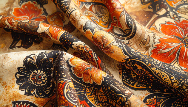 Close up of floral patterned fabric textile with intricate designs and textures