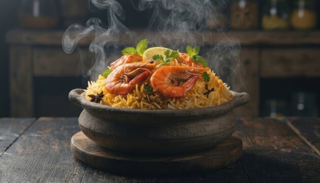 Steaming prawn biryani in rustic bowl on wooden table