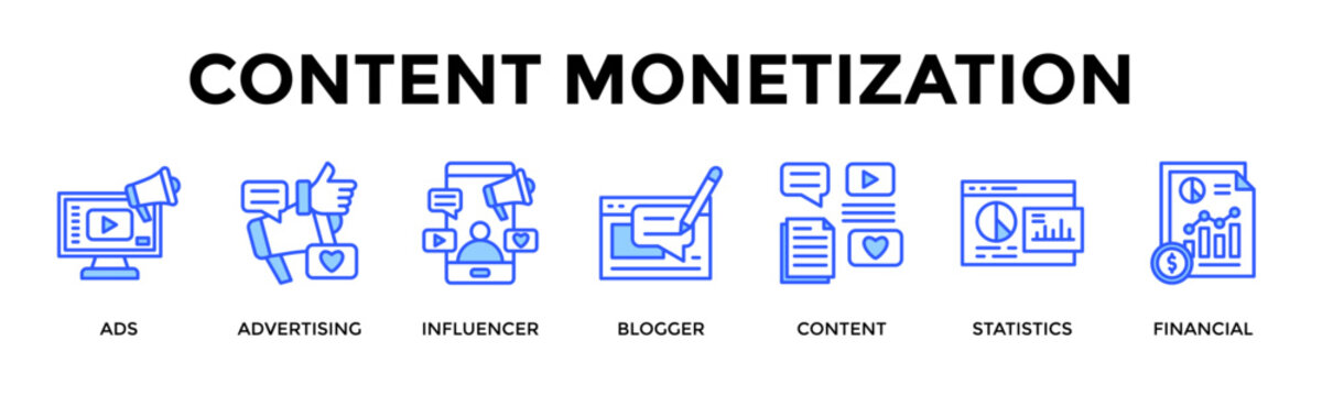 Content Monetization  Banner Web  Icon Set Collection Pack Vector Illustration Concept Containing Ads, Advertising, Influencer, Blogger, Content, Statistics, Financial