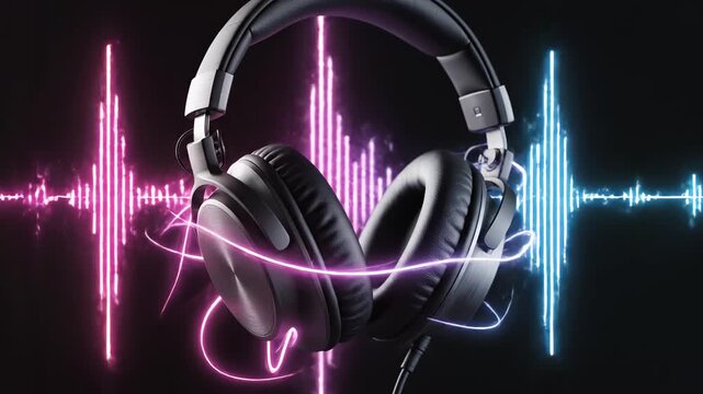 Headphones with neon sound waves highlighting geometric patterns and contemporary art