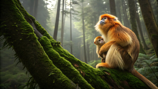 golden snub-nosed monkey sitting on mossy tree branch in misty forest sunlight