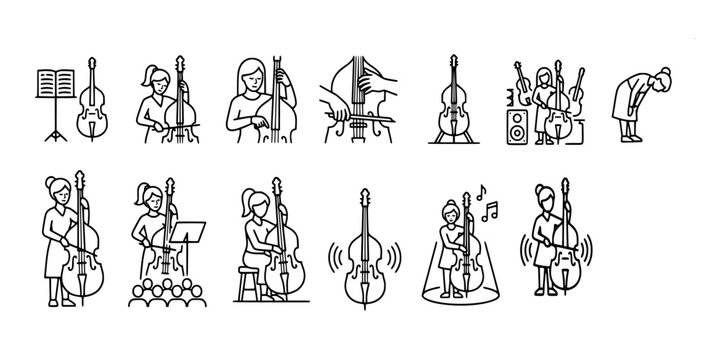 icon set collection of female musicians playing double bass and cello, featuring practice sessions, orchestral performances, and bowing techniques.