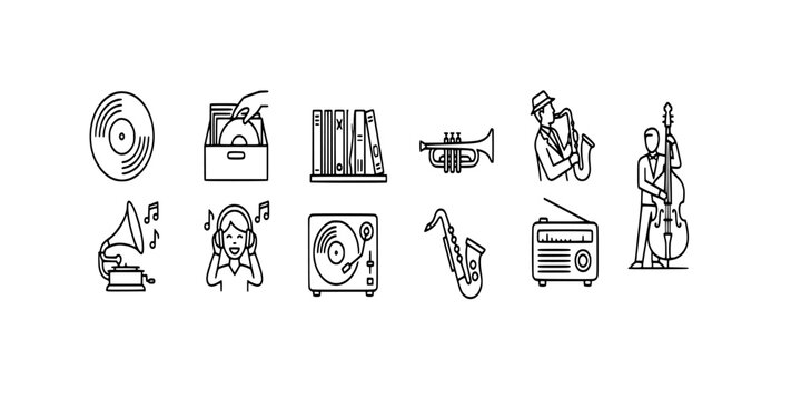 icon set collection of vintage audio equipment featuring vinyl records, gramophones, radio tuners, record crates, headphones, and classic jazz instruments