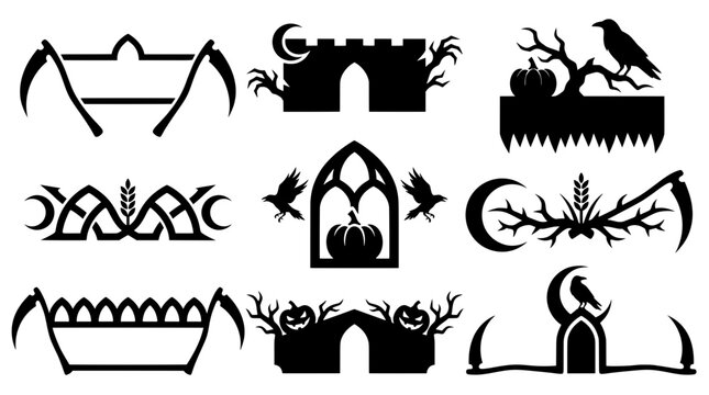 Set of spooky black silhouette Halloween borders and dividers featuring pumpkins, ravens, crescent moons, scythes, scary trees, and gothic arches