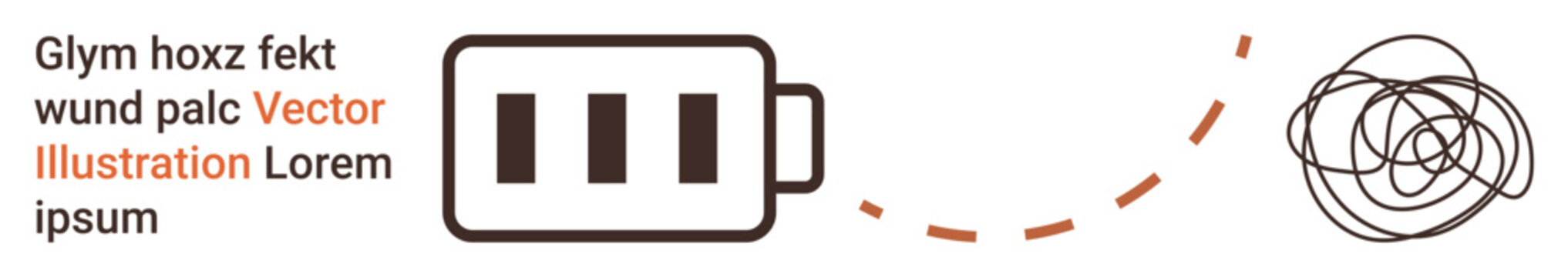 Energy depletion, stress management, productivity, power usage, motivation, exhaustion. Battery icon and disorganized scribble connected by dashed line. Energy depletion and stress management concept