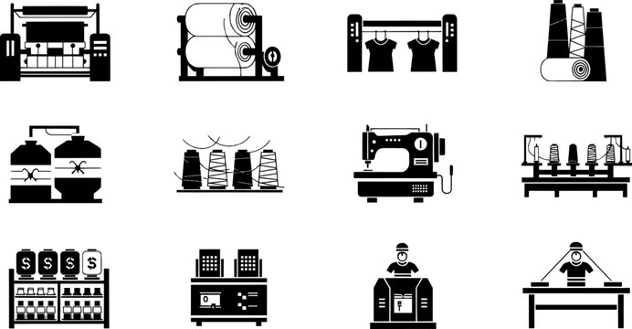 Textile industry machines and workers producing fabric clothes in manufacturing process