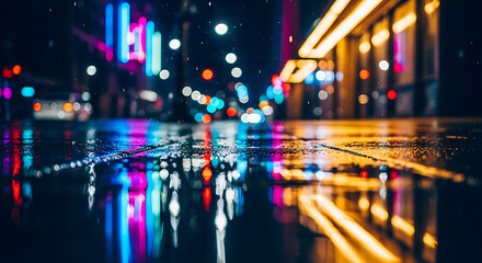 Obraz premium City lights reflection a vibrant nightscape with blurred motion and colorful hues