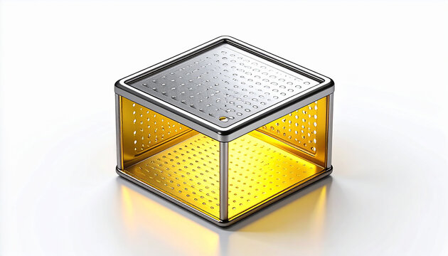 Perforated metal cube with golden interior and reflective surface container steel