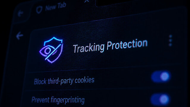 Browser settings interface showing tracking protection with options to block third party cookies and prevent digital fingerprinting for enhanced user privacy and data security