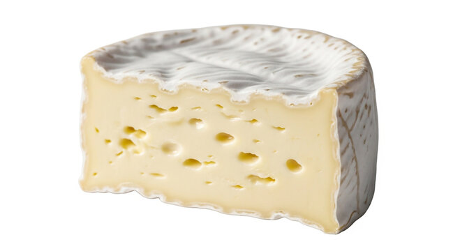 A creamy slice of gourmet Camembert cheese with a bloomy white rind, isolated on a white background. Perfect for culinary and food design projects.