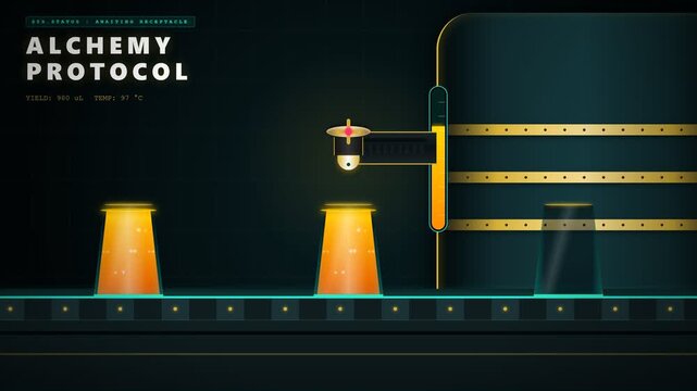 Automated Futuristic Laboratory Production Line Filling Glowing Fluid into Beakers Animation