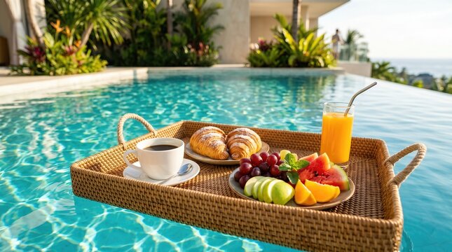 Floating breakfast tray in luxury resort pool
