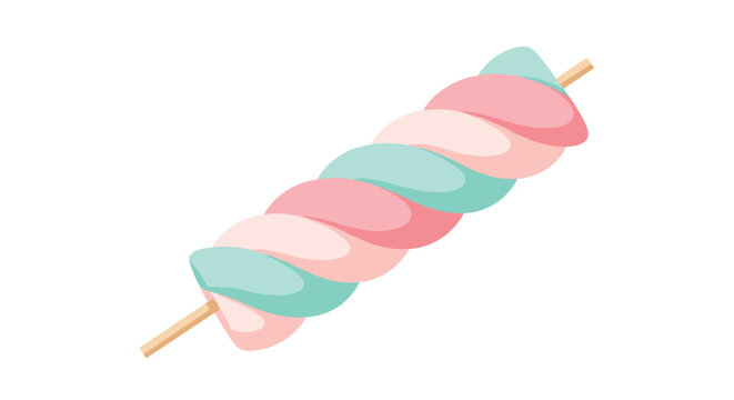 Sweet marshmallow twist on a wooden stick featuring soft pastel colors like pink blue and white for candy shop and dessert themes.