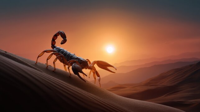 A scorpion crawls across desert dunes at sunset, with warm orange and brown tones and distant mountain silhouettes under a glowing sun.