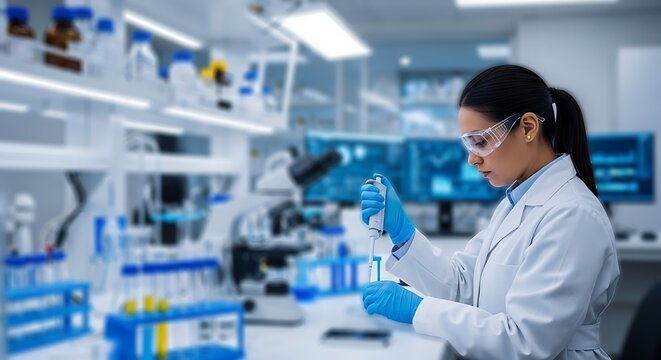 Female scientist in white lab coat meticulously pipetting samples in a high-tech laboratory environment. Ideal for pharmaceutical research and healthcare diagnostic marketing.