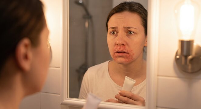 Woman looking in mirror with red skin rash around mouth