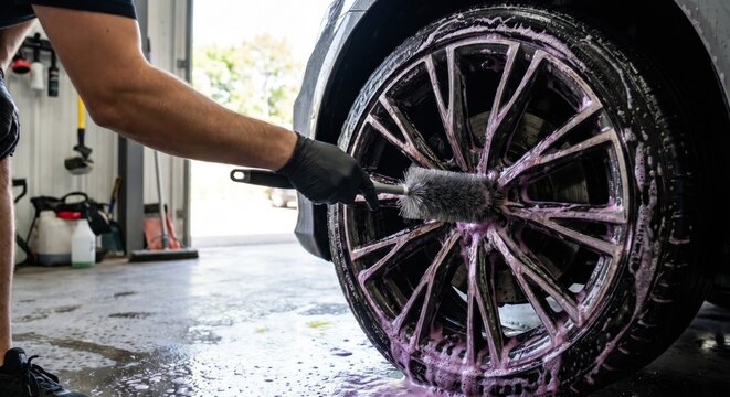 Professional car detailer cleaning alloy rim with wheel brush