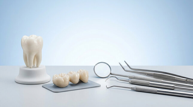 Dental tools and teeth on table.