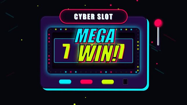 Retro Neon Style Slot Machine Animation with Lucky Triple Seven Jackpot and Mega Win Banner
