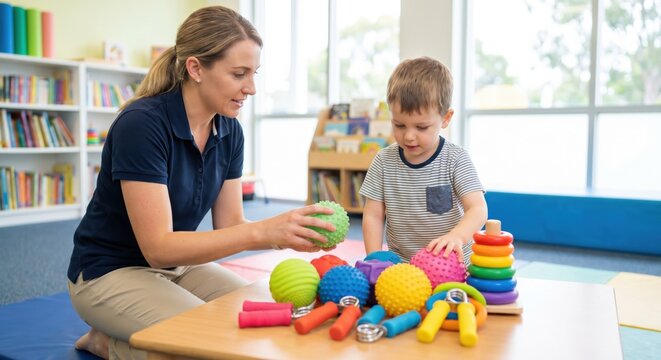 Occupational therapist and child playing with sensory toys