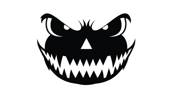 Scary monster face silhouette with glowing eyes and a wide mouth full of sharp jagged teeth for halloween and horror themed designs.