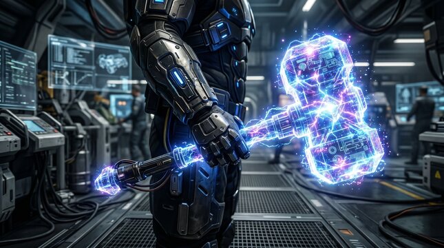 Futuristic soldier in exoskeleton armor holding a powerful glowing energy hammer with lightning in a sci-fi space laboratory