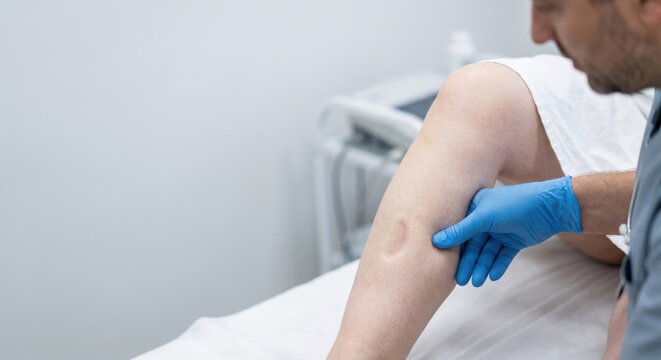 Doctor performing edema diagnostic test on patient's leg