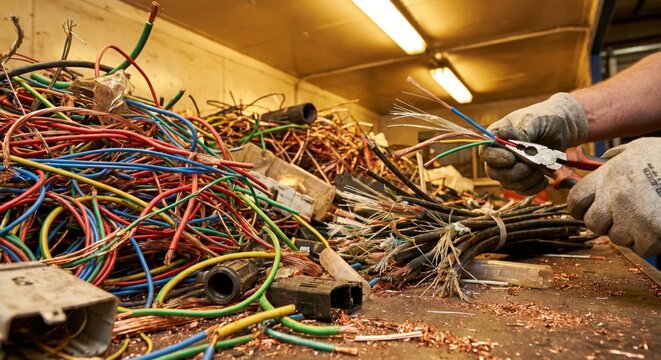 Worker stripping multicolored copper wiring for recycling